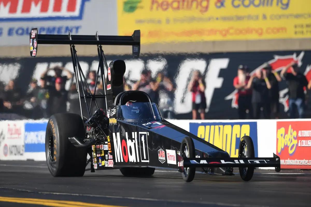 Tony Stewart wheels his Top Alcohol Dragster with aplomb en route to his second win of the season, which also moves him into the No. 1 spot in the TA/D standings. Photo courtesy NHRA.
